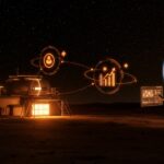 Hotel lunar futurista y startup espacial revolucionando el turismo espacial y la economía lunar con innovaciones tecnológicas.