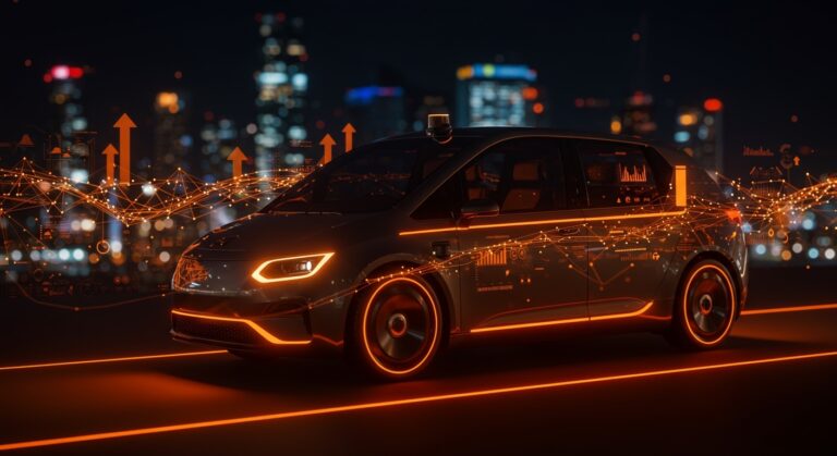 Robotaxi autónomo de Uber en un entorno futurista con flujos de datos naranjas simbolizando la movilidad y desarrollo tecnológico en vehículos autónomos.