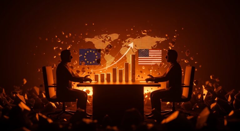 Representación visual del impacto de los aranceles entre la UE y Estados Unidos en el comercio internacional y mercados globales.