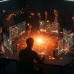 Equipo de fundadores tecnológicos colaborando con interfaces de visión artificial open source YOLO en una escena de innovación y financiación Serie A.