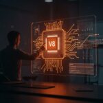 Fundador tecnológico frente a interfaz digital ilustrando avances del motor V8 en arquitectura RISC-V con metáforas de optimización y hardware emergente.