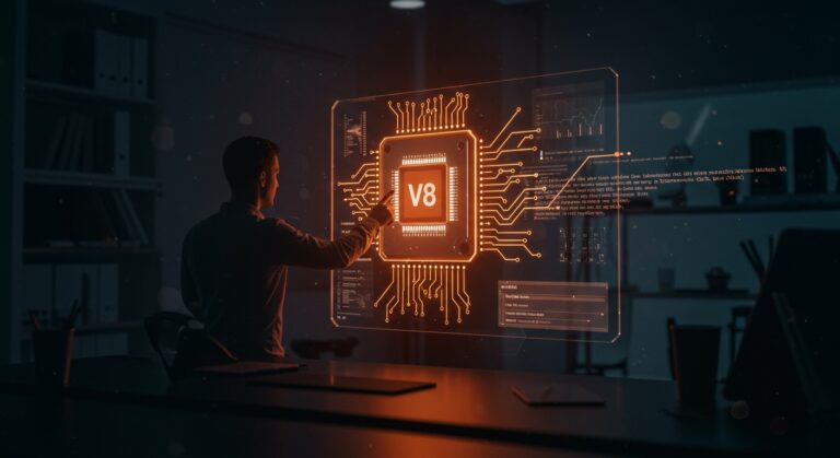 Fundador tecnológico frente a interfaz digital ilustrando avances del motor V8 en arquitectura RISC-V con metáforas de optimización y hardware emergente.