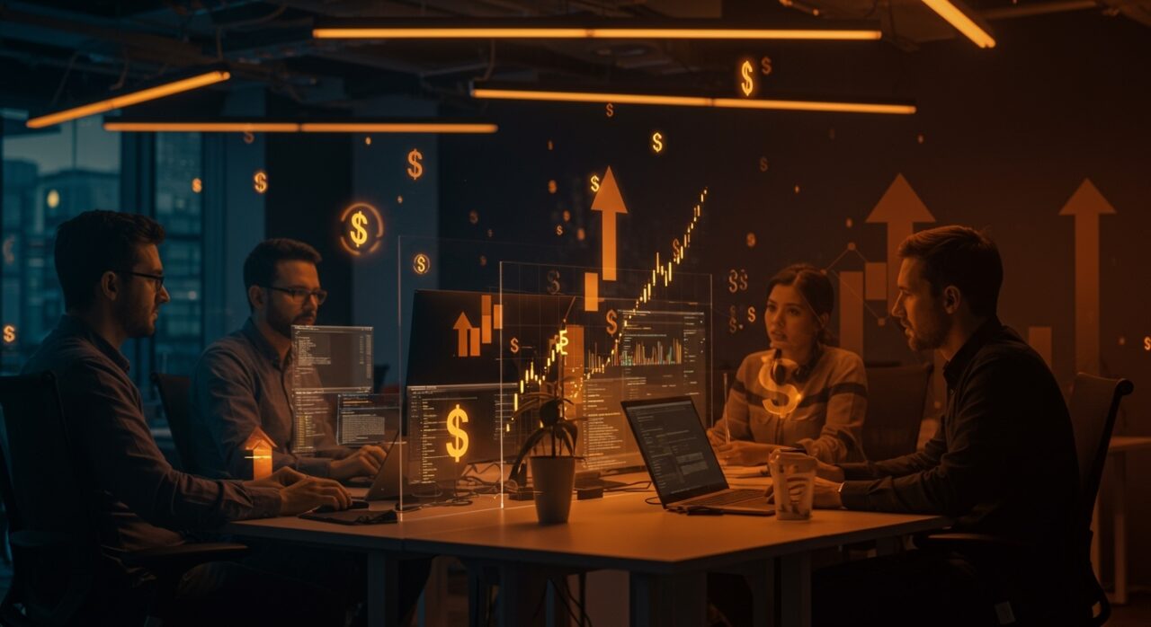 Ingenieros full-stack senior colaborando en un entorno tecnológico moderno en Vancouver, con símbolos de equity y crecimiento startup en paleta naranja y negro.