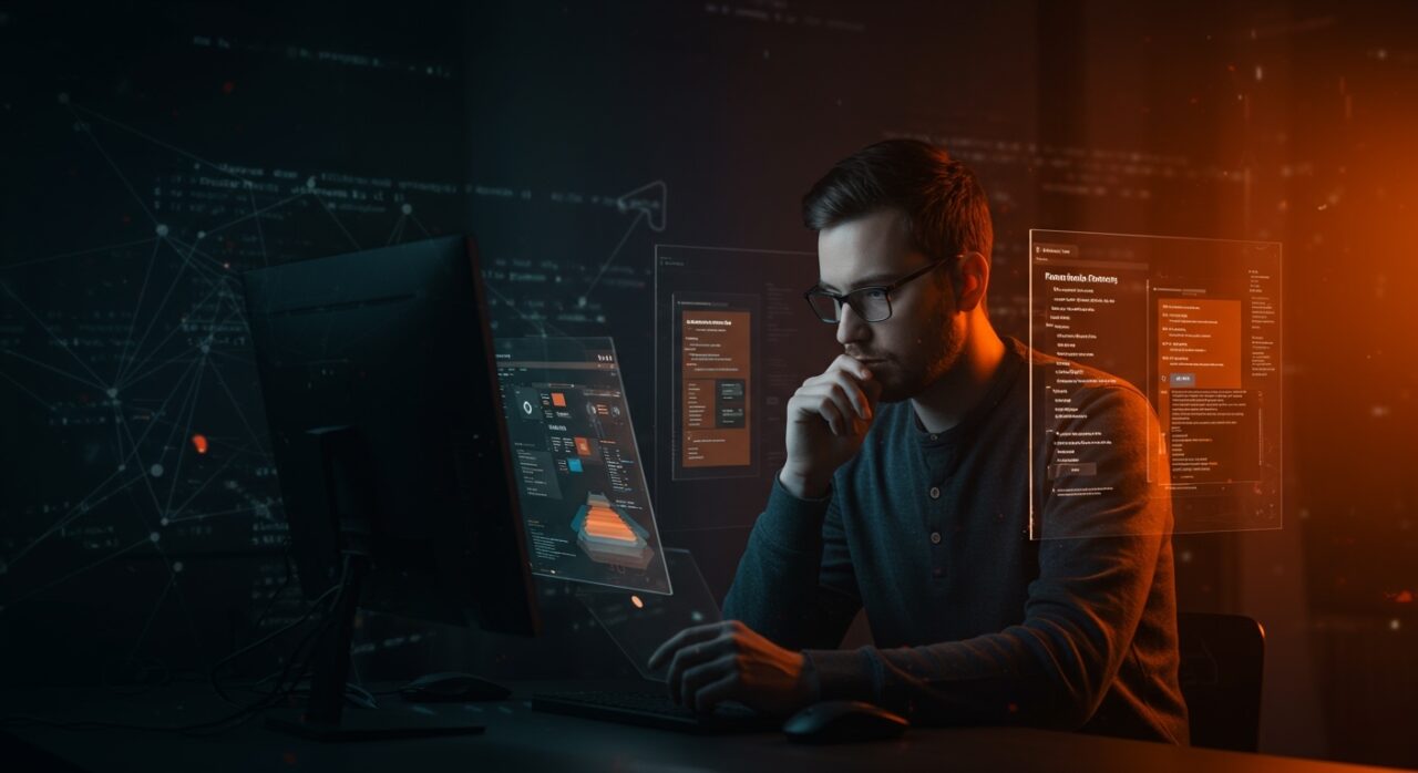 Desarrollador frontend evaluando componentes de radio button Shadcn en React, destacando performance y mantenibilidad en desarrollo SaaS.