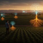 Innovación agroalimentaria en el Valle del Ebro representada por un emprendedor con tecnología agrícola holográfica en un paisaje de campo sostenible.