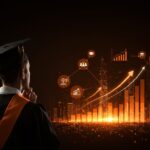 Estudiante graduado frente a un holograma digital que representa el valor del título universitario en Estados Unidos y su impacto en el mercado laboral.