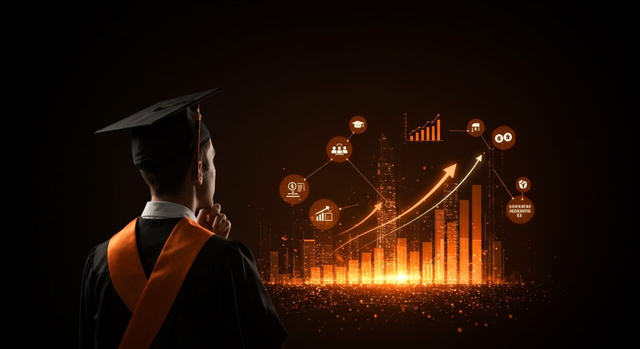 Estudiante graduado frente a un holograma digital que representa el valor del título universitario en Estados Unidos y su impacto en el mercado laboral.