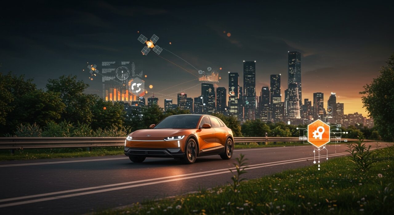 Vehículo eléctrico en ciudad moderna con aire limpio y datos satelitales, destacando la movilidad sostenible y mejora de la calidad del aire.
