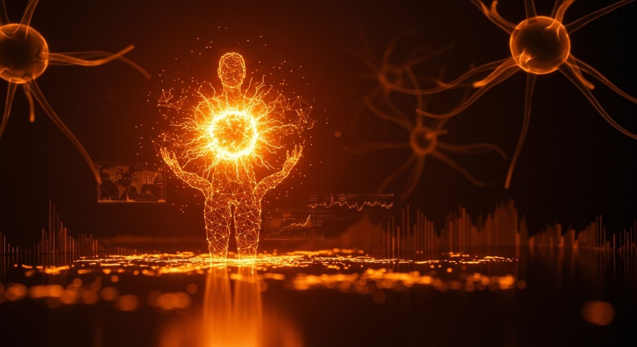 Inteligencia artificial representada con nodos luminosos y mega-rondas de inversión en startup con enfoque en venture capital y crecimiento en LATAM.