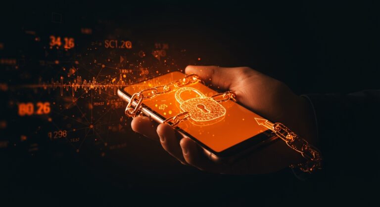 Teléfono bloqueado de Verizon con cadenas digitales naranjas representando la exigencia de 365 días para desbloquear y su impacto en telecomunicaciones.