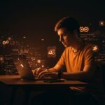 Founder de startup programando asistido por IA en un entorno tecnológico vibrante con agentes de código y automatización ambiental.