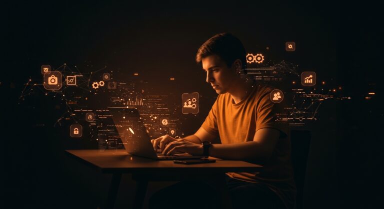 Founder de startup programando asistido por IA en un entorno tecnológico vibrante con agentes de código y automatización ambiental.