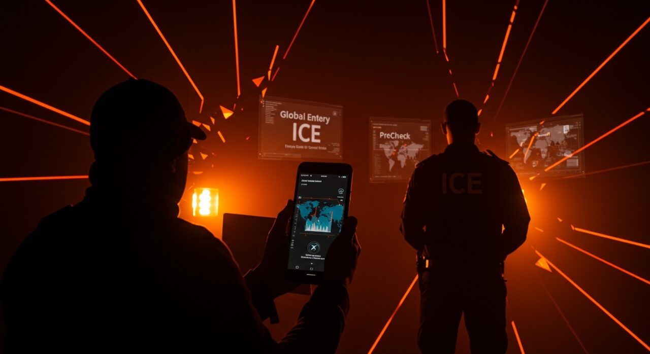 Vigilancia biométrica y derechos civiles en el caso ICE con Global Entry y PreCheck, representando tecnología y protestas.