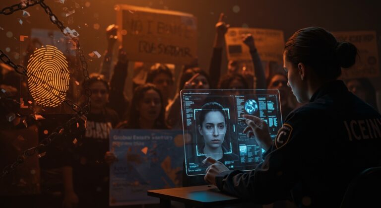 Vigilancia biométrica de ICE identificando manifestantes y revocación de beneficios Global Entry en contexto de derechos civiles.