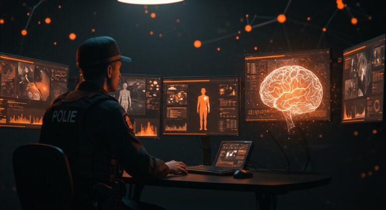 Escena futurista de vigilancia digital policial con IA y software de seguimiento, destacando riesgos de privacidad y tecnología avanzada.