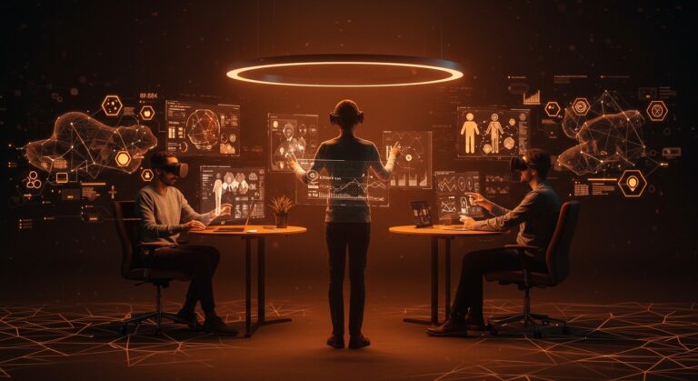 Fundadores colaborando con tecnología inmersiva VR, AR y MR en un entorno futurista que destaca el diseño centrado en el usuario e innovación tecnológica.