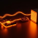 Visualización de ondas de radio con Hack RF1 y Raspberry Pi mostrando señales inalámbricas en luz naranja y negra para startups tecnológicas.