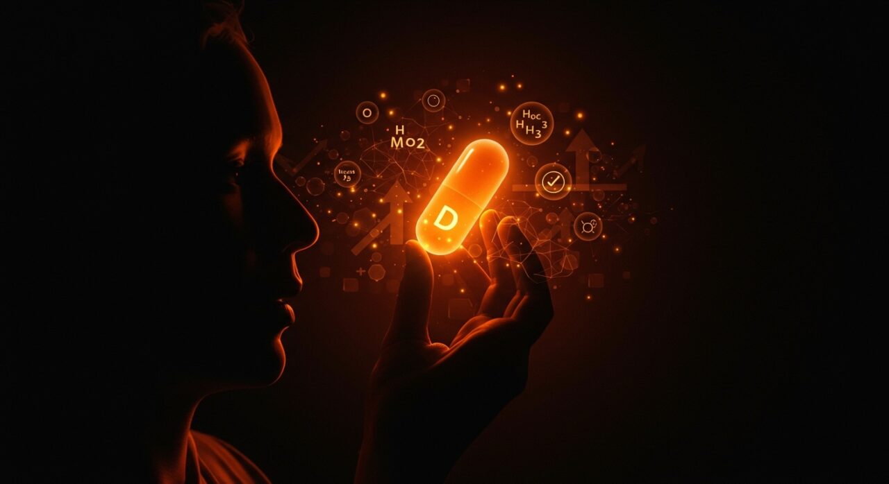 Vitamina D y Omega-3 representados como cápsulas luminosas mejorando la depresión, destacando su impacto positivo en la salud mental de founders.