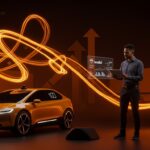 Robotaxi autónomo futurista y fundador de startup simbolizando la alianza estratégica y la financiación de Waabi con Uber en tecnología de movilidad.