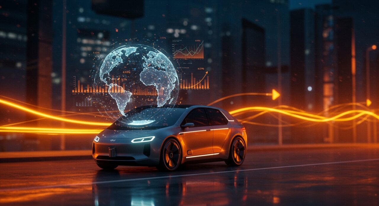 Robotaxi futurista iluminado en naranja y negro representando la ronda de funding de Waymo y su impacto en movilidad y startups tecnológicas.