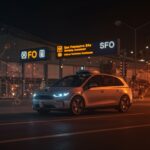 Robotaxi autónomo Waymo operando en el aeropuerto SFO, representando movilidad autónoma e innovación tecnológica.
