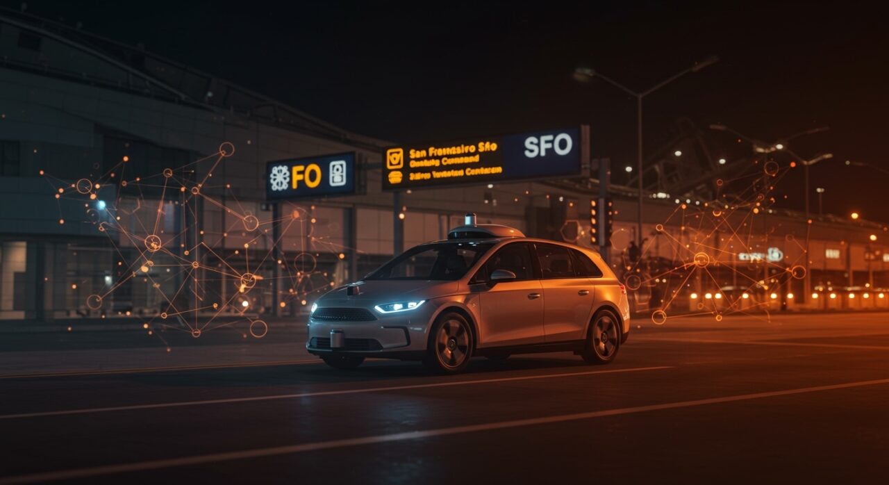 Robotaxi autónomo Waymo operando en el aeropuerto SFO, representando movilidad autónoma e innovación tecnológica.