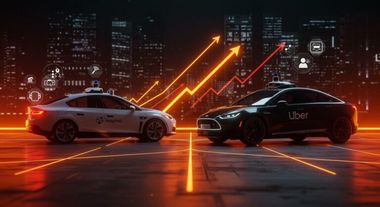 Diferencia de precios en movilidad autónoma entre Waymo y Uber representada con vehículos autónomos y elementos digitales en paleta naranja y negro.