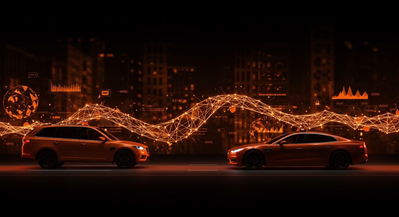 Waymo vehículo autónomo junto a un autobús escolar destacado en entorno urbano oscuro, representando seguridad vial y regulación tecnológica en transporte.