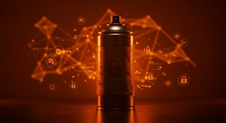 WD-40 con símbolos abstractos de propiedad intelectual e innovación en una escena editorial con luz naranja y negro destacando la fórmula secreta y estrategia exclusiva.