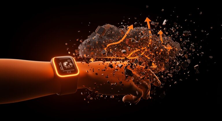 Wearables de salud con visualización de e-waste digital, ilustrando retos de sostenibilidad tecnológica para startups.