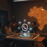 Equipo de startups tech brasileñas colaborando con chatbots de IA en WhatsApp bajo contexto de regulación tecnológica en Brasil y ecosistema de innovación LATAM.