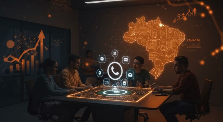 Equipo de startups tech brasileñas colaborando con chatbots de IA en WhatsApp bajo contexto de regulación tecnológica en Brasil y ecosistema de innovación LATAM.