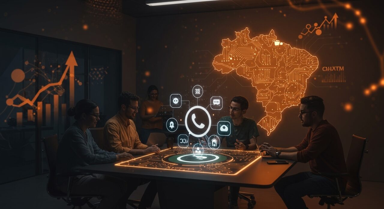 Equipo de startups tech brasileñas colaborando con chatbots de IA en WhatsApp bajo contexto de regulación tecnológica en Brasil y ecosistema de innovación LATAM.
