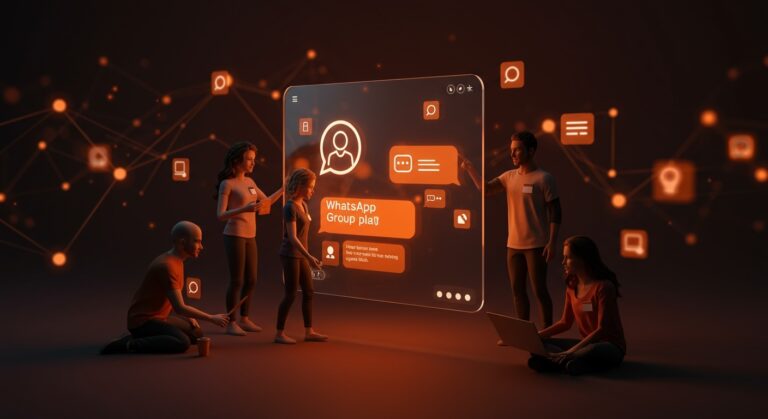 Equipo de startup colaborando activamente con funciones de chat grupal y etiquetas de WhatsApp para mejorar la comunicación digital.