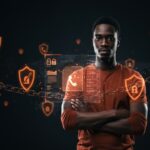 Fundador de startup frente a interfaz holográfica de seguridad digital reforzada con ajustes estrictos en WhatsApp para proteger contra ciberataques.