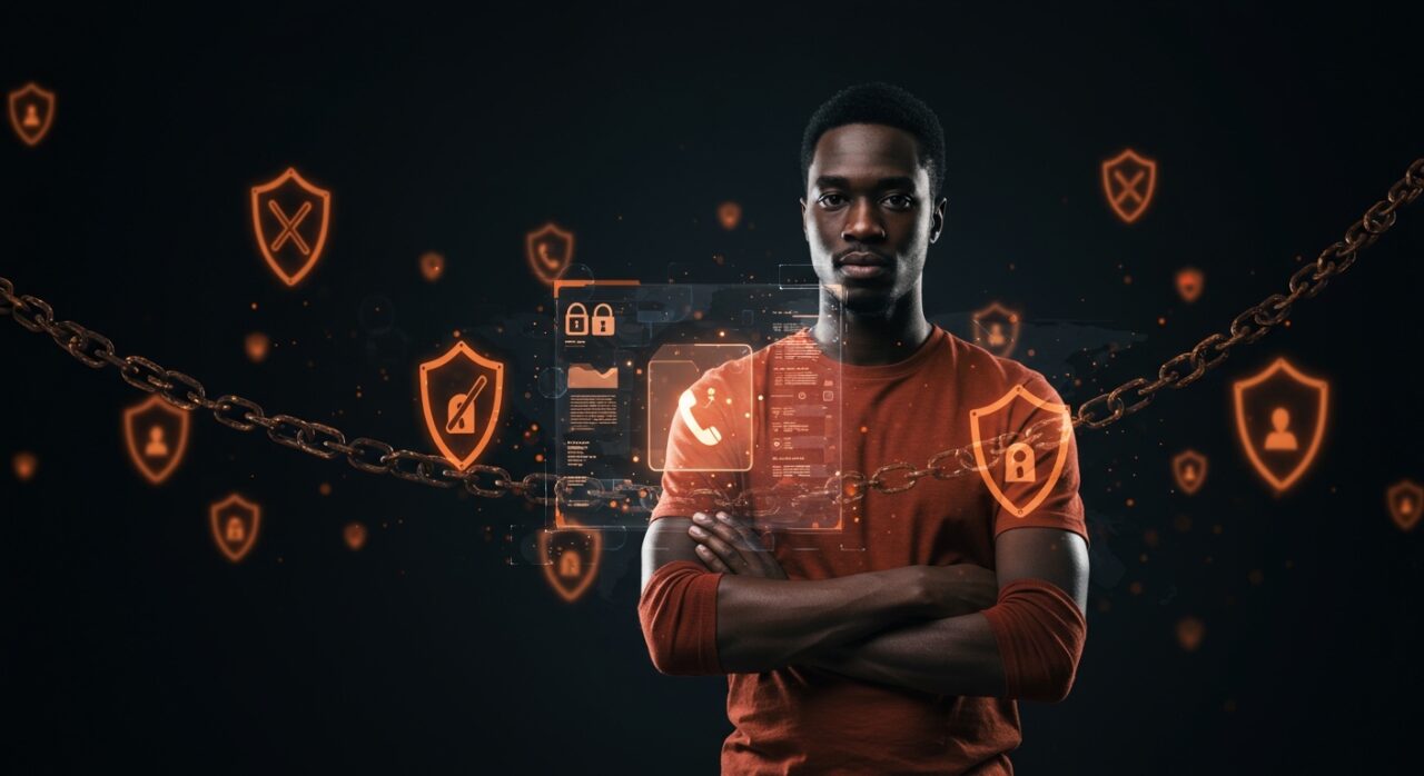 Fundador de startup frente a interfaz holográfica de seguridad digital reforzada con ajustes estrictos en WhatsApp para proteger contra ciberataques.