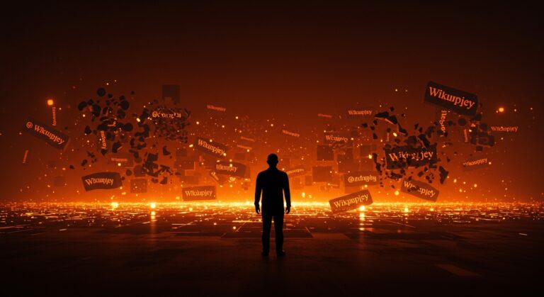 Imagen editorial que representa la integridad y manipulación de datos en Wikipedia relacionada con el caso Gang of 40 y la moderación en comunidades online.