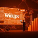 Fundador latino colaborando con tecnología holográfica que simboliza Wikipedia como modelo innovador de noticias digitales con transparencia y legado editorial.