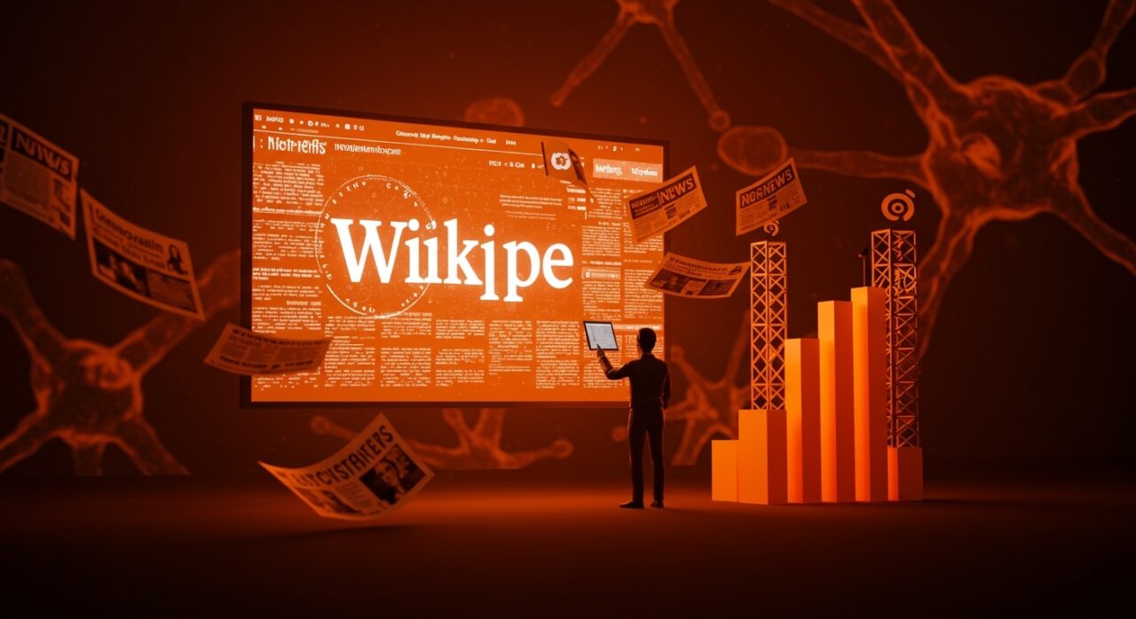 Fundador latino colaborando con tecnología holográfica que simboliza Wikipedia como modelo innovador de noticias digitales con transparencia y legado editorial.