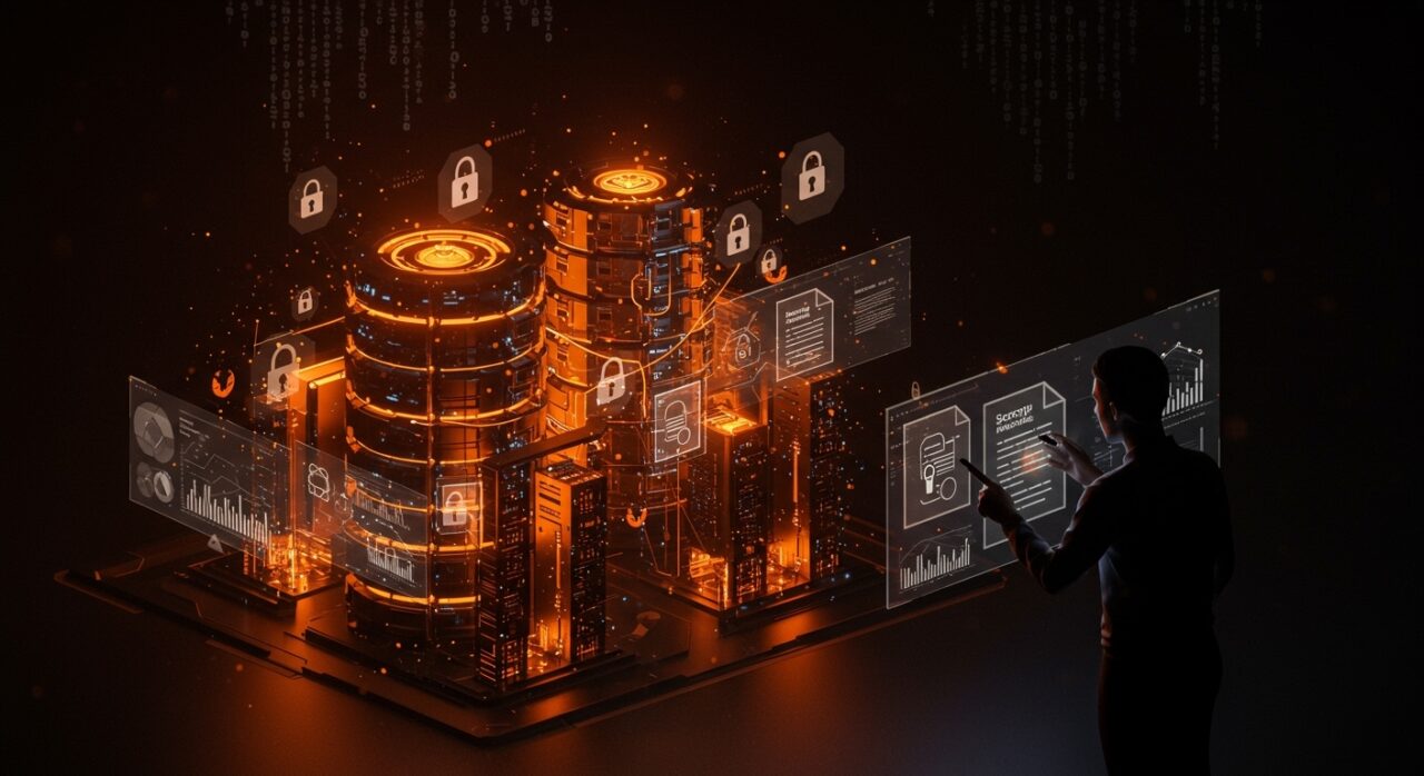 Fundador tecnológico frente a centros de datos de Wisconsin con gráficos de acuerdos de confidencialidad y transparencia en el contexto de desarrollo económico.