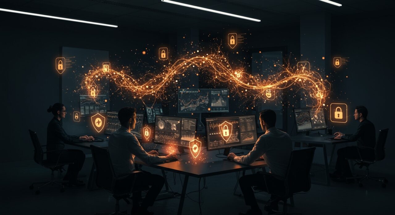 Profesionales monitoreando seguridad de inteligencia artificial en entornos corporativos, reflejando inversión y protección en startups de IA.