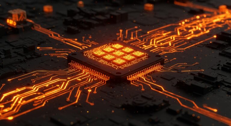 Primer plano hiperrealista de la DPU Xsight Labs E1 con 64 núcleos Arm Neoverse y conectividad 800G, simbolizando IA aplicada y hardware emergente para automatización y redes.