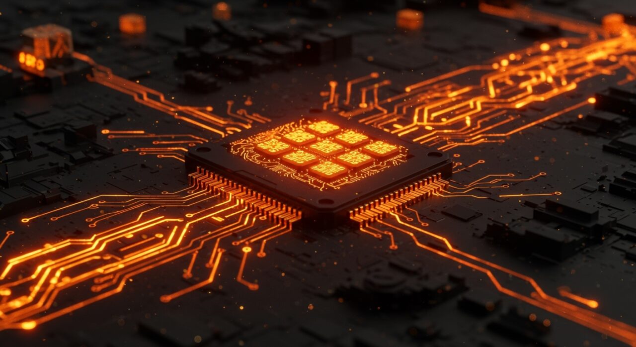 Primer plano hiperrealista de la DPU Xsight Labs E1 con 64 núcleos Arm Neoverse y conectividad 800G, simbolizando IA aplicada y hardware emergente para automatización y redes.