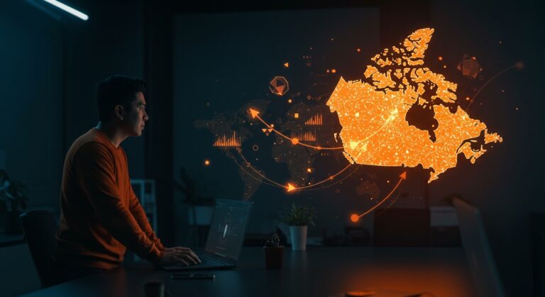 Founder latino frente a un mapa digital que muestra la exclusión de startups canadienses por Y Combinator y la internacionalización del ecosistema startup.