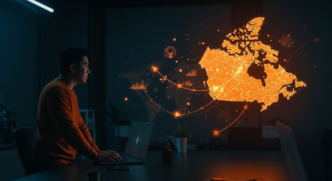 Founder latino frente a un mapa digital que muestra la exclusión de startups canadienses por Y Combinator y la internacionalización del ecosistema startup.