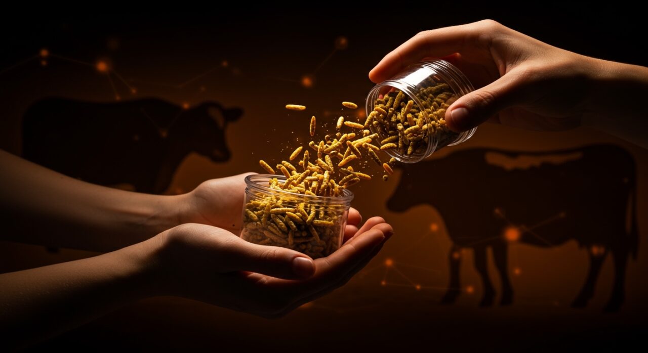 Proteína alternativa de insectos en foodtech destacada con metáforas visuales de innovación alimentaria y tendencias de mercado.