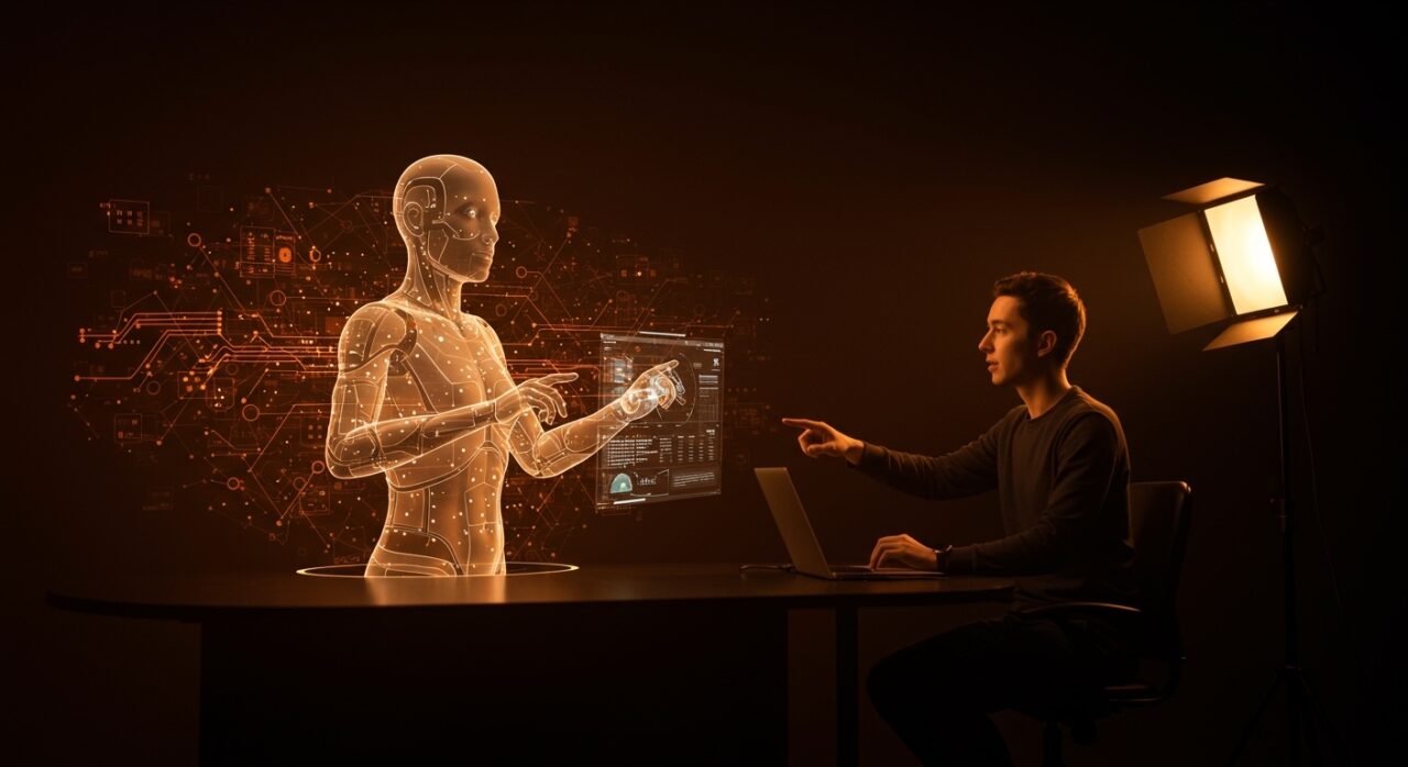 Creador de contenido usando inteligencia artificial para generar avatar en YouTube Shorts, destacando automatización y tendencias tech.