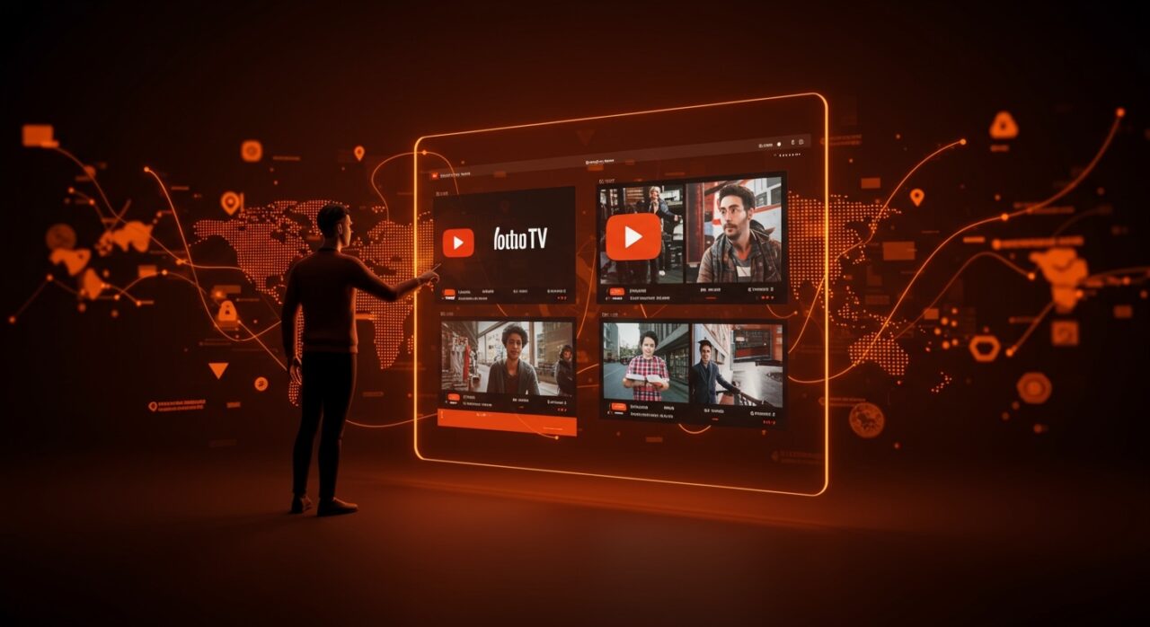 Pantalla digital personalizada de YouTube TV multiview mostrando cuatro canales en streaming, simbolizando la tendencia tecnológica y el impacto en founders tech de LATAM.