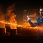 Planta de energía geotérmica con fundador de startup analizando datos de energía renovable y flujos de inversión en América Latina y EE.UU.