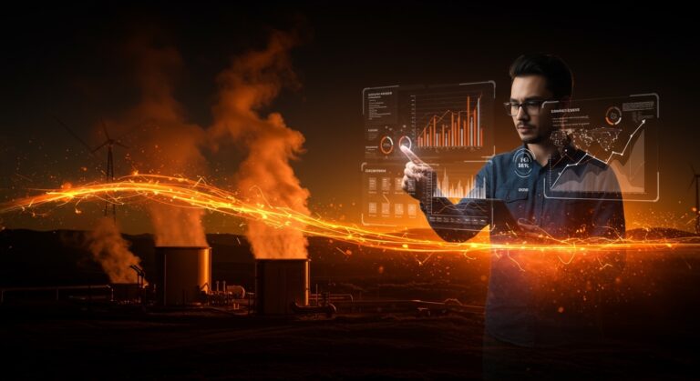 Planta de energía geotérmica con fundador de startup analizando datos de energía renovable y flujos de inversión en América Latina y EE.UU.